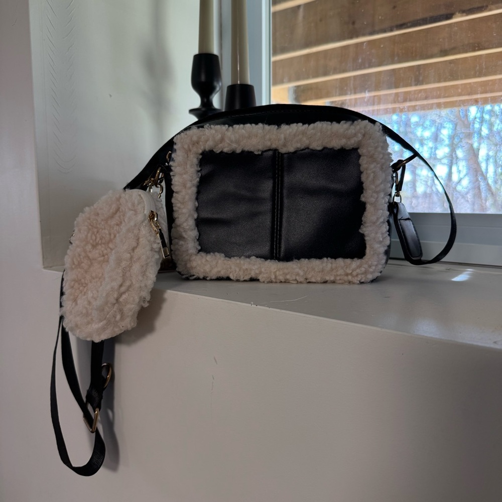 Black and Cream Shearling-Trimmed Women's Purse